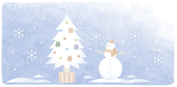 スノーマンと白いクリスマスツリーのイラスト