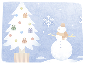スノーマンと白いクリスマスツリー