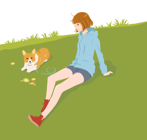 草むらと犬と女の子 ガーリー素材 ふんわり可愛い無料イラスト素材 ふんわり可愛い無料イラスト素材