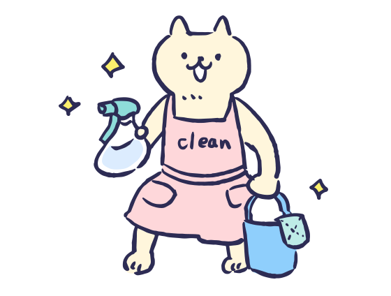 掃除道具を持つ猫